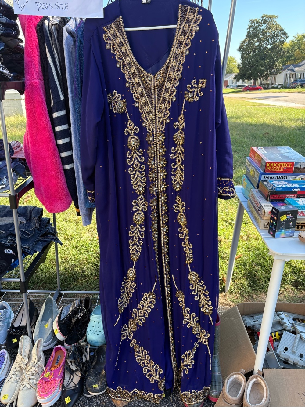 Embroidered Royal Blue Maxi Dress with Gold Beading